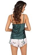 Top and shorts pajamas, satin, thin shoulder straps, flowers